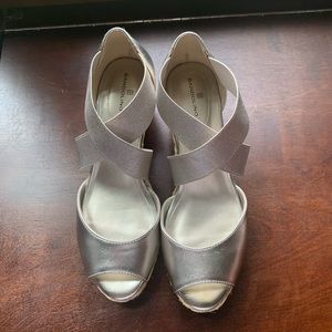 Peep toe silver bandage wrap wedges
